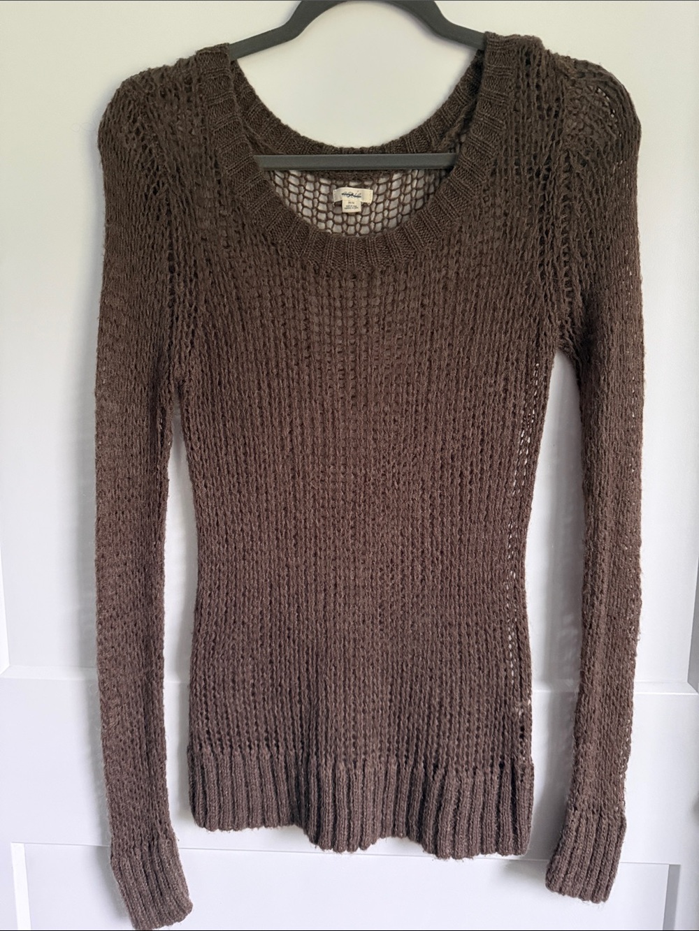 aerie Brown Open-Knit Crew Sweater